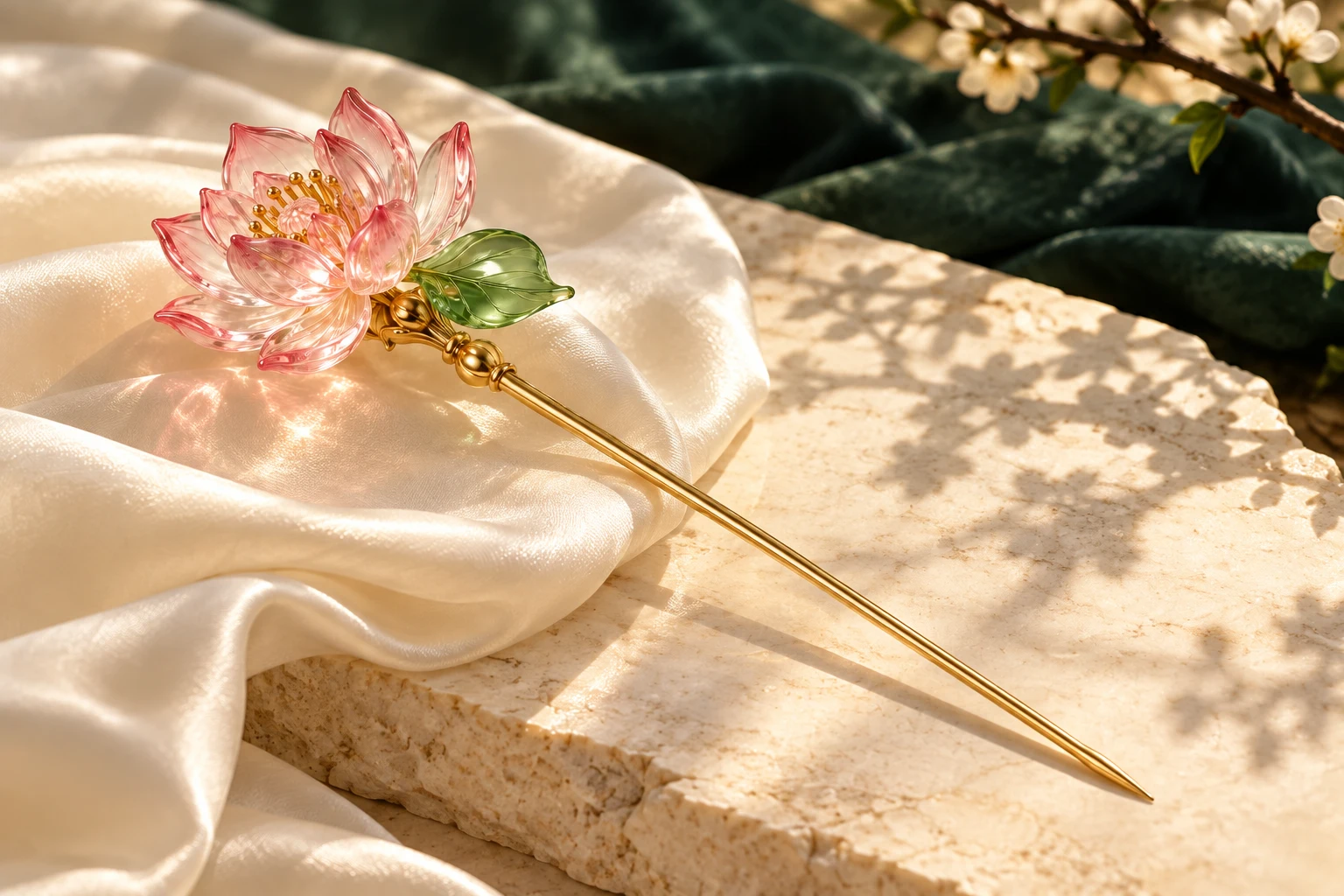 Pink glass lotus hairpin with gold-tone shaft