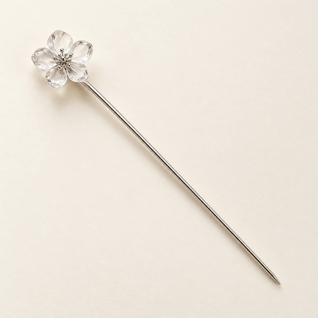 Dewdrop Plum Hairpin: a single clear-white five-petal plum blossom, silver-tone shaft