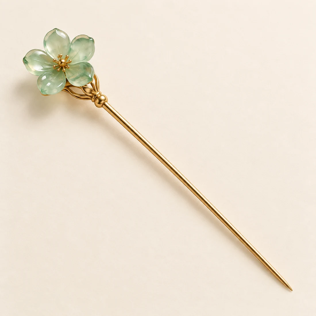 Jade Petal Hairpin: a pale green five-petal flower, gold-tone shaft