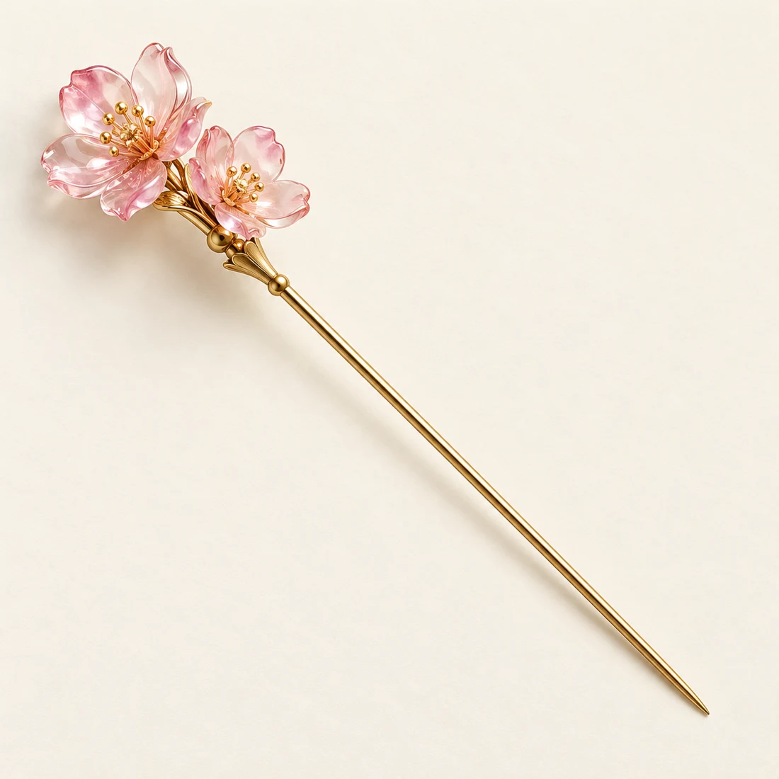 Peach Veil Hairpin: two peach-pink blossoms, gold-tone shaft