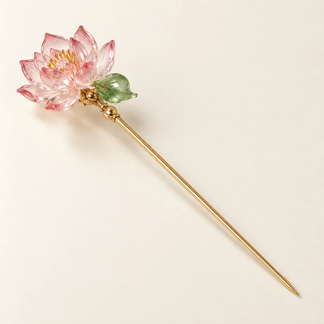 Lotus Reflection Hairpin: a layered pale pink lotus with a green leaf, gold-tone shaft