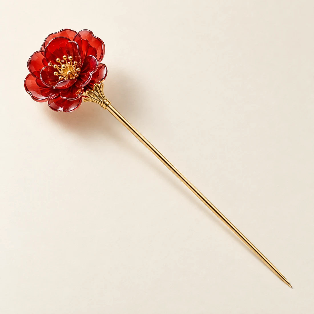 Camellia Reverie Hairpin: a layered vermilion camellia, gold-tone shaft