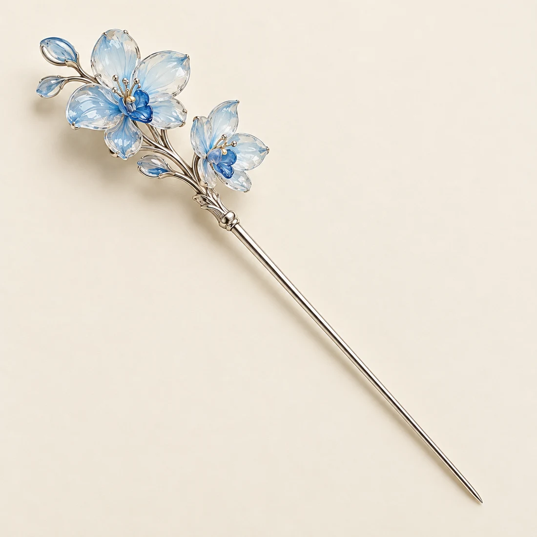 Orchid After Rain Hairpin: two branches of ice-blue orchids, silver-tone shaft