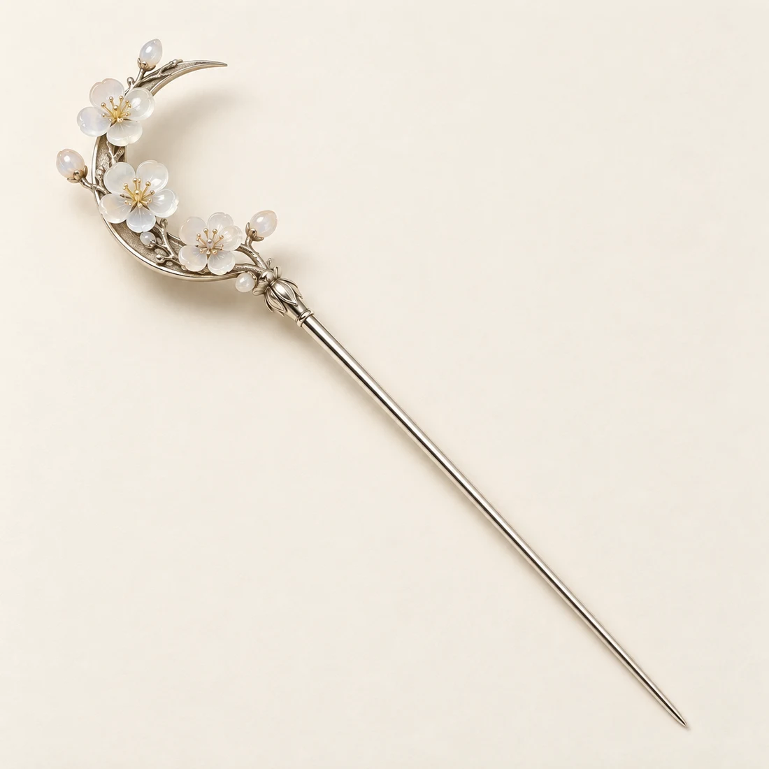 Plum & Moon Hairpin: white plum blossoms beside a crescent-shaped frame, silver-tone shaft