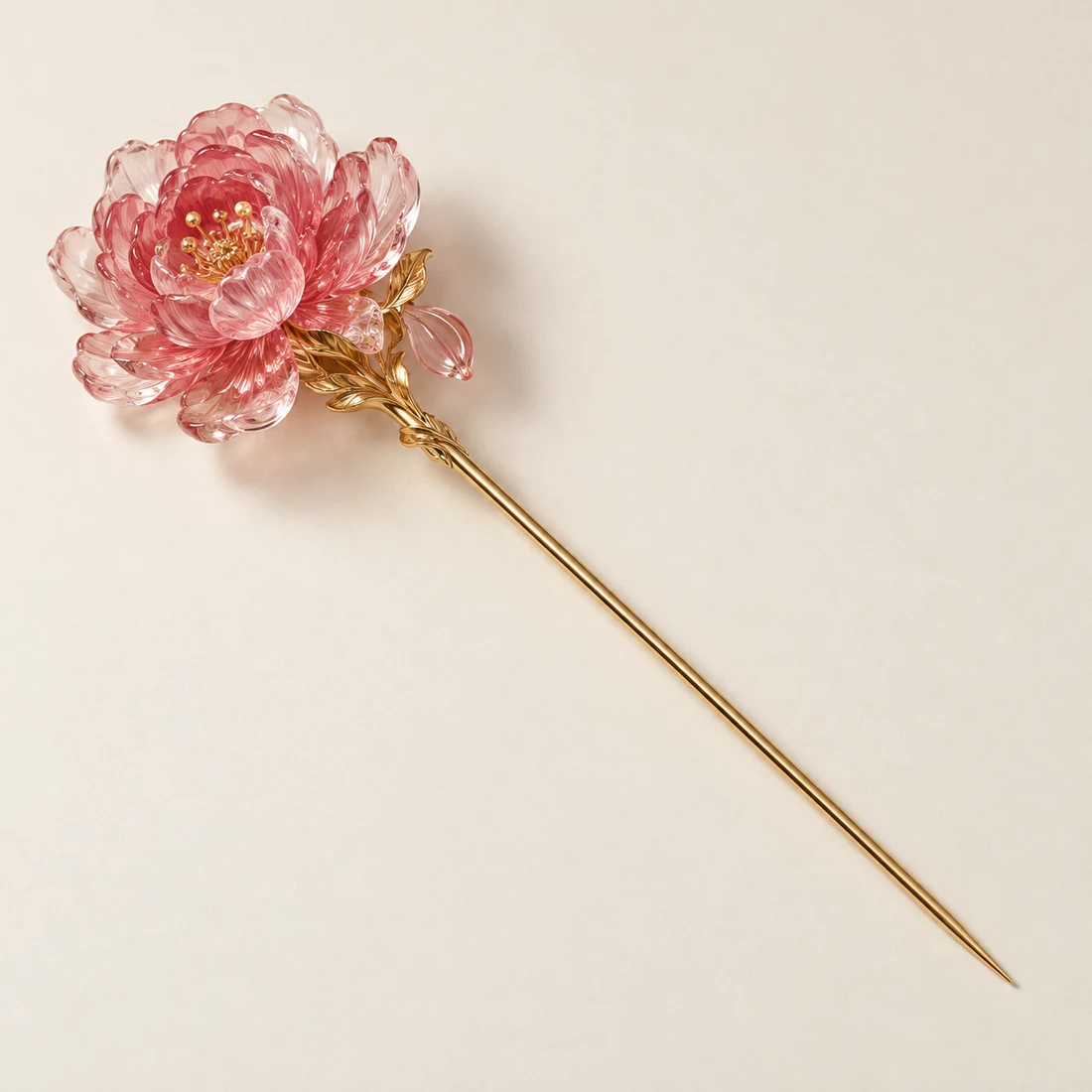 Rosewater Peony Hairpin: a rose-pink peony with overlapping petals, gold-tone shaft