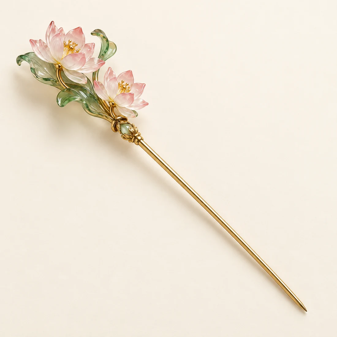 Lotus Pavilion Hairpin: two pink-and-white lotus blossoms on a curved leafy branch, gold-tone shaft