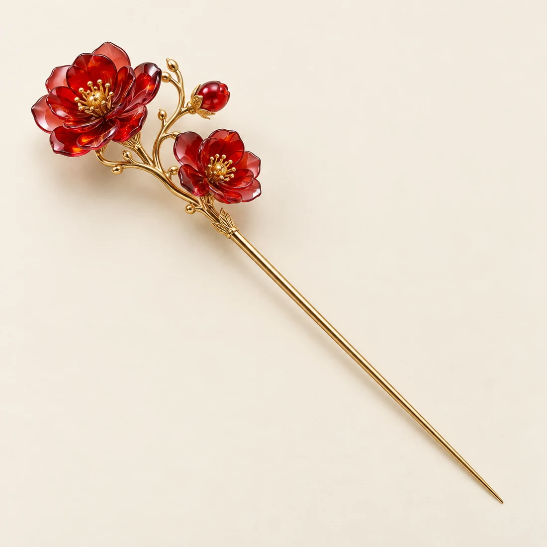 Scarlet Camellia Branch Hairpin: two deep-red camellias and a small bud, gold-tone shaft