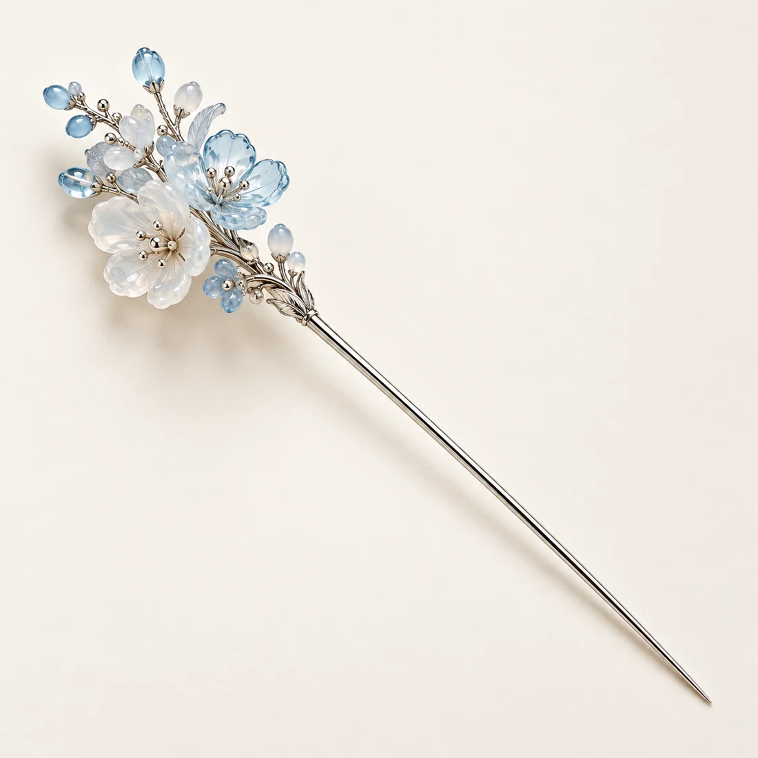 Moon Garden Bouquet Hairpin: a bouquet of milky-white and ice-blue blossoms, silver-tone shaft