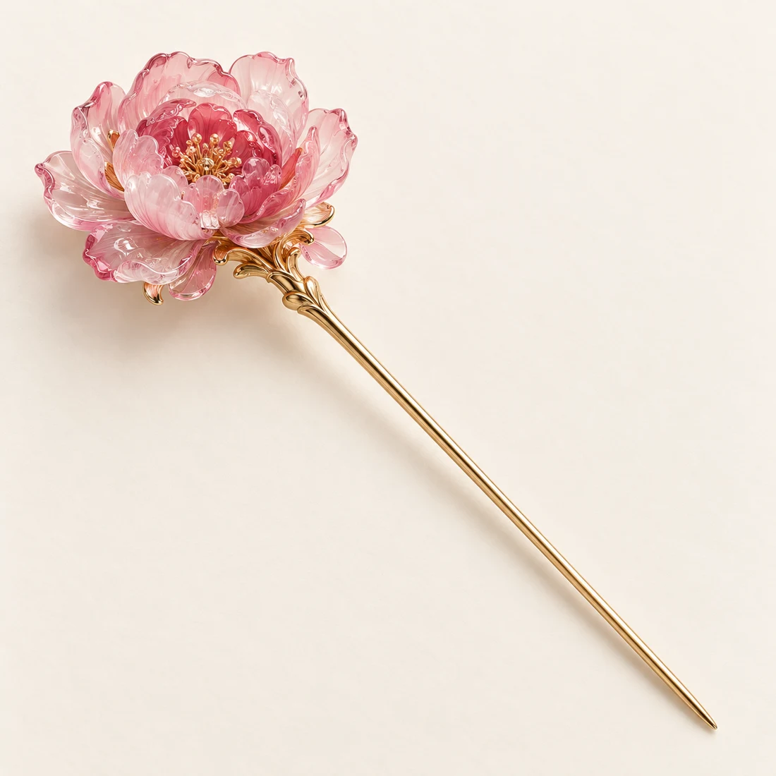 Peony in Bloom Hairpin: a large peony with layers of light and deep pink petals, gold-tone shaft