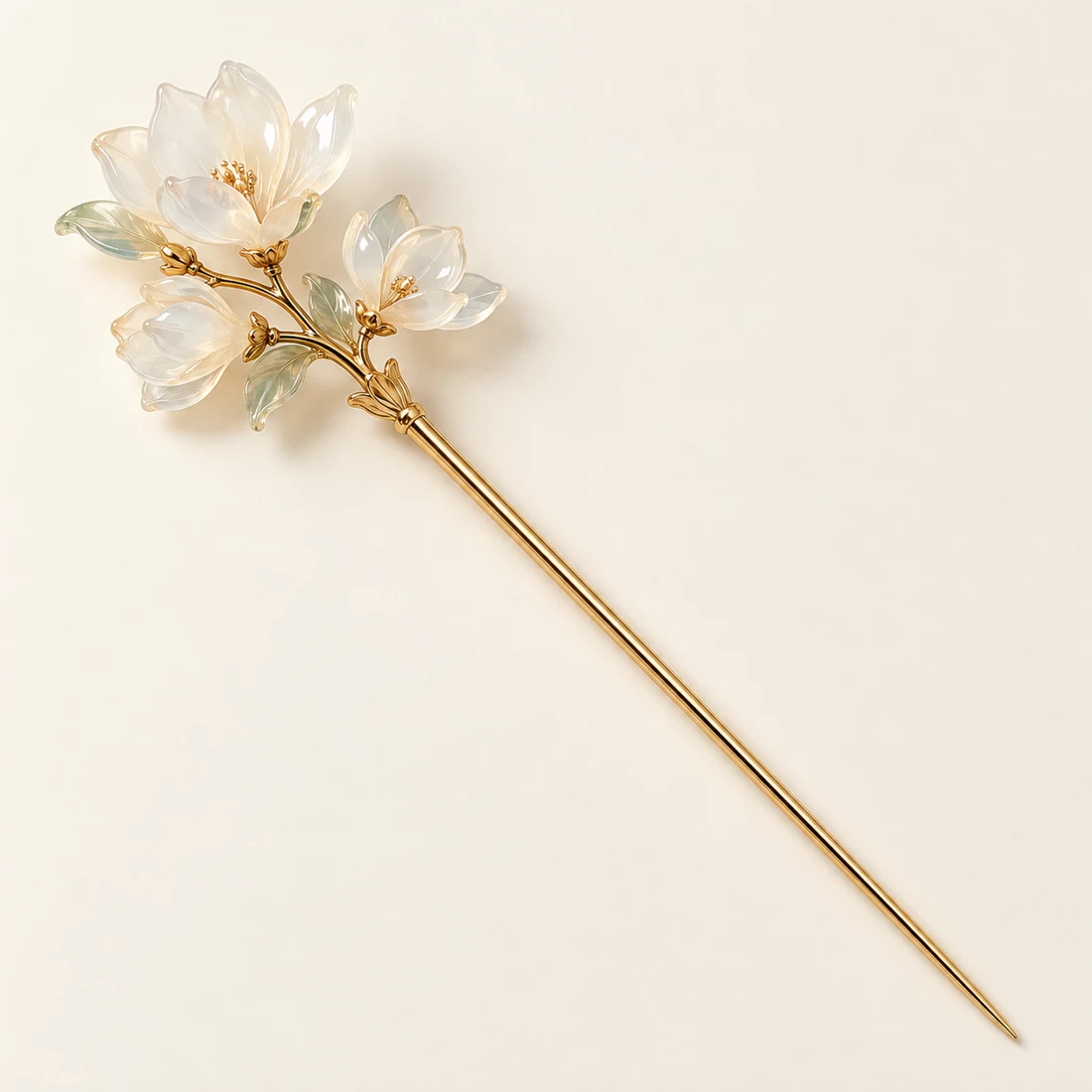 Magnolia Cloud Hairpin: three milky-white magnolias on a leafy branch, gold-tone shaft